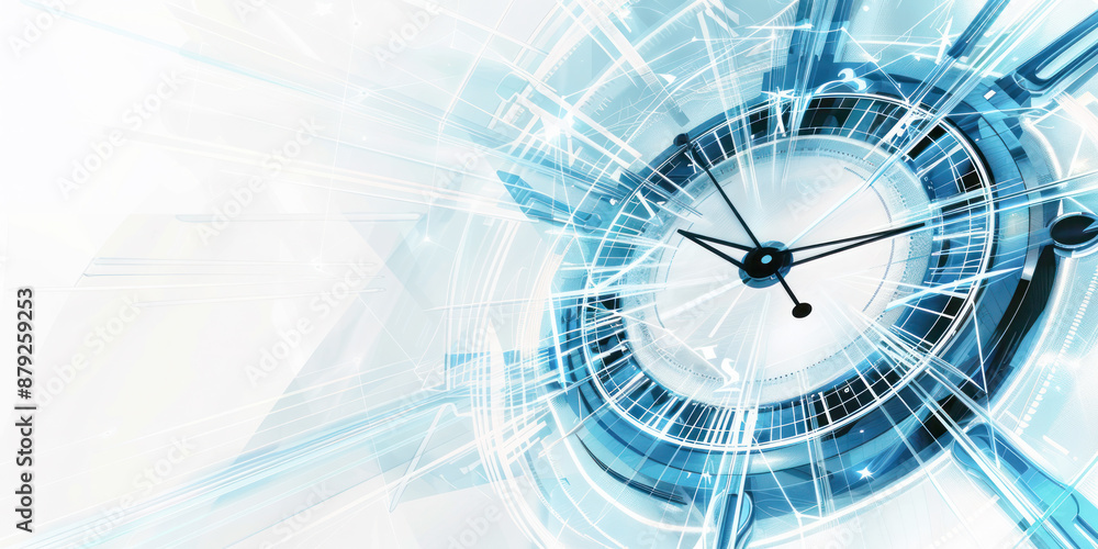 Fototapeta premium Futuristic clock with abstract blue and white light streaks in a high-tech design.