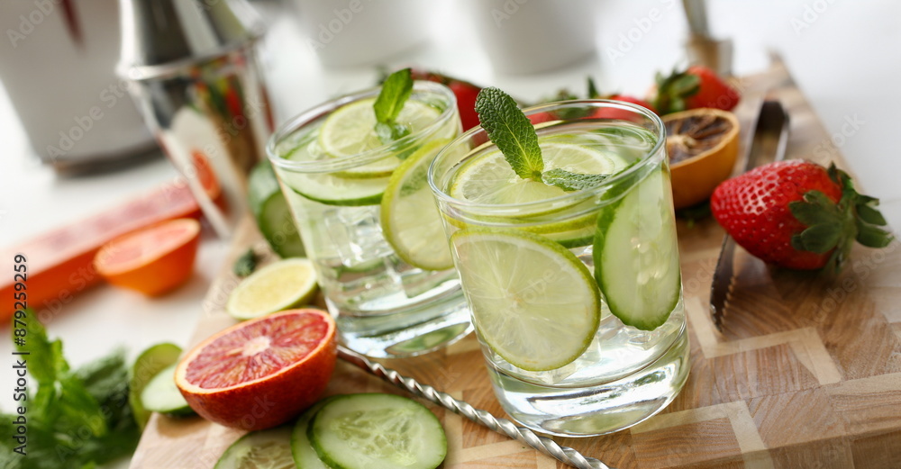 Lime with cucumber punch home made cocktail closeup on wood background Lime with cucumber punch home made cocktail closeup on wood background