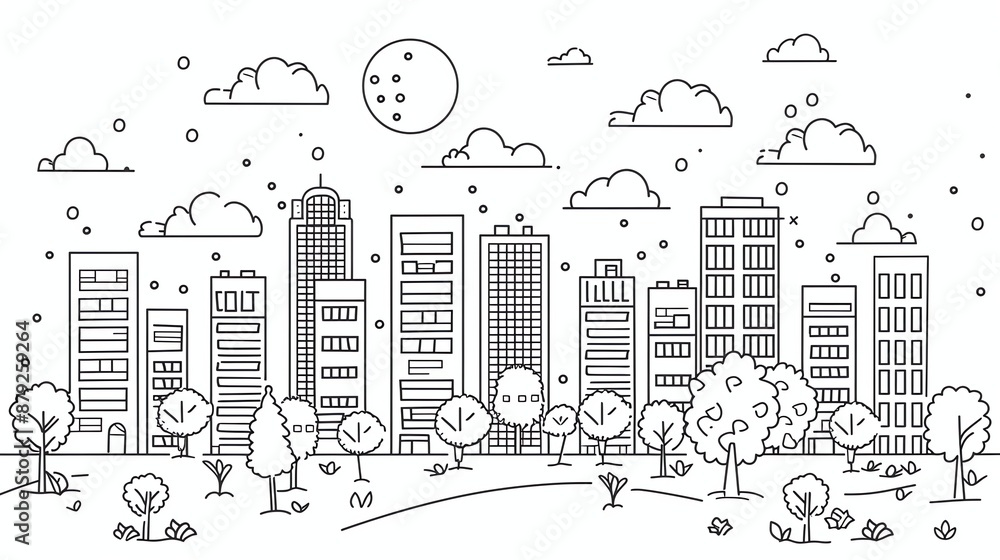 Obraz premium A line drawing of a cityscape with tall buildings and trees.