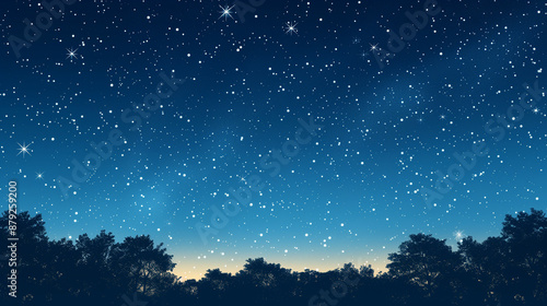 Blue dark night sky with many stars above field of trees