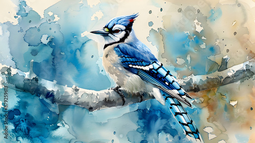 a watercolor of a bluejay sitting on a branch