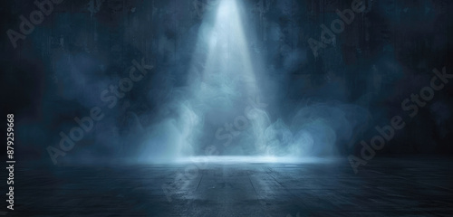 Empty studio room with smoke with neon light and spotlight. Empty stage for product installation. Banner