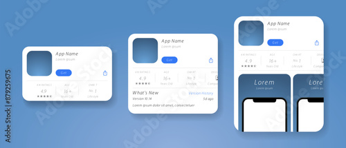 App Store listing template. Store for mobile application mock-up. App page profile with rating screen. Games play list market. Vector illustration.