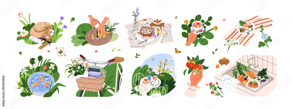 Countryside rural set. Bicycle, flowers in basket, picnic, garden table, tea in hand. Cozy cottagecore aesthetic, style, mood. Summer nature. Flat vector illustrations set isolated on white background Countryside rural set. Bicycle, flowers in basket, picnic, garden table, tea in hand. Cozy cottagecore aesthetic, style, mood. Summer nature. Flat vector illustrations set isolated on white background
