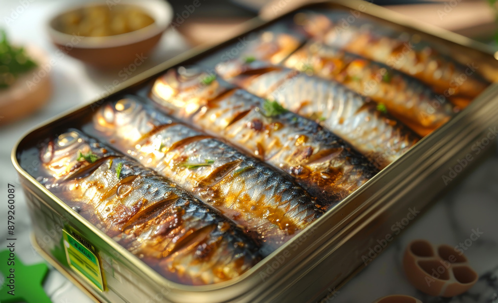 A can of fish is sitting on a table with a green and white background. The fish are cooked and appear to be seasoned with herbs A can of fish is sitting on a table with a green and white background. The fish are cooked and appear to be seasoned with herbs