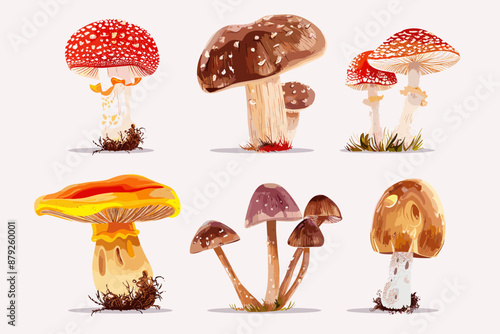 Set with edible and poisonous mushrooms, chanterelles, champignons, porcini mushroom, fly agarics and toadstools, cartoon style. Vector illustration isolated on white, hand drawn, flat design