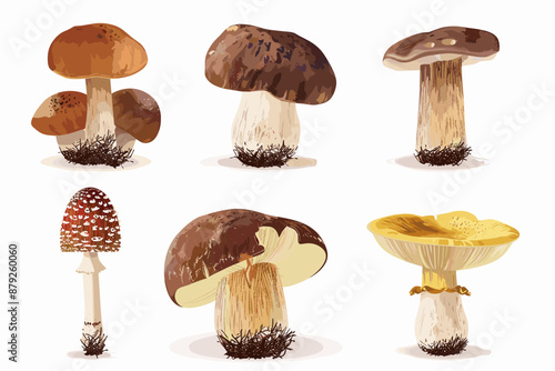 Set with edible and poisonous mushrooms, chanterelles, champignons, porcini mushroom, fly agarics and toadstools, cartoon style. Vector illustration isolated on white, hand drawn, flat design
