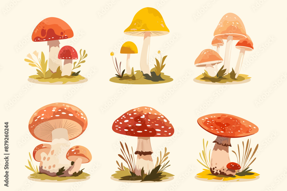 Set with edible and poisonous mushrooms, chanterelles, champignons, porcini mushroom, fly agarics and toadstools, cartoon style. Vector illustration isolated on white, hand drawn, flat design Set with edible and poisonous mushrooms, chanterelles, champignons, porcini mushroom, fly agarics and toadstools, cartoon style. Vector illustration isolated on white, hand drawn, flat design