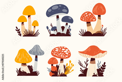 Set with edible and poisonous mushrooms, chanterelles, champignons, porcini mushroom, fly agarics and toadstools, cartoon style. Vector illustration isolated on white, hand drawn, flat design