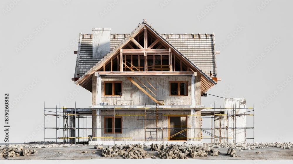 Constructing a village house with a concrete block framework using reinforcement steel bar front view with space for text Constructing a village house with a concrete block framework using reinforcement steel bar front view with space for text