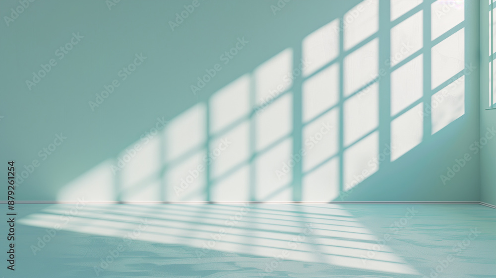 Fototapeta premium Minimal abstract light blue background for product presentation. Shadow and light from windows on plaster wall 
