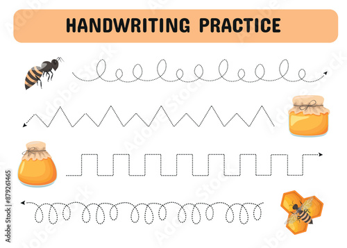 Tracing lines for children. Handwriting practice with bees, honey and honeycombs. Educational game for preschool kids. Printable Page worksheet. Vector illustration