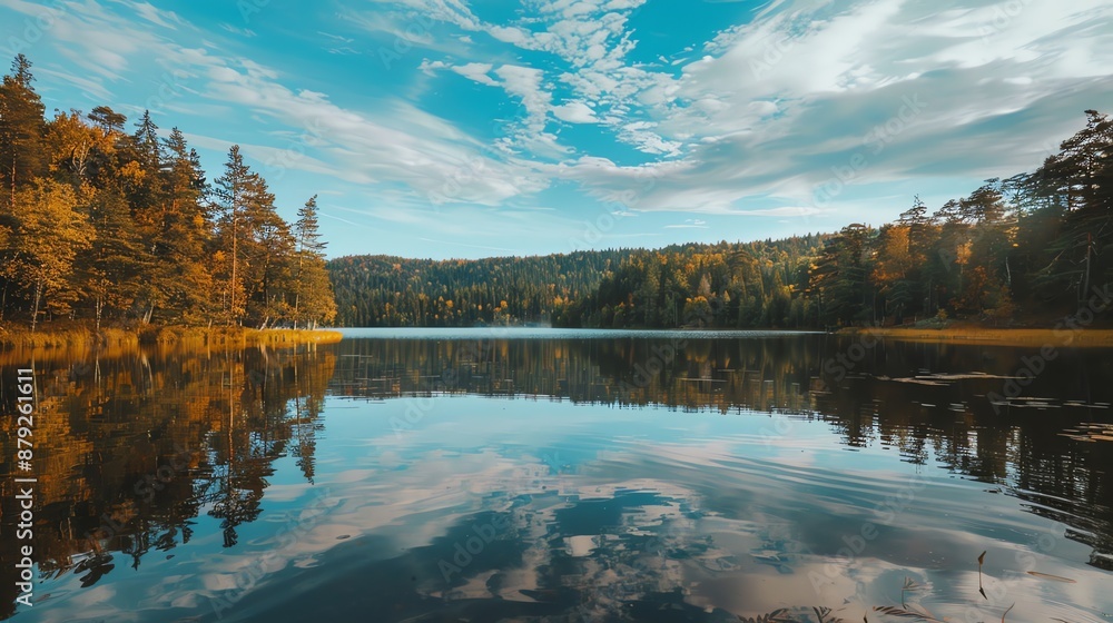 Fototapeta premium A tranquil lake reflecting a blue sky and fluffy clouds, surrounded by a forest and mountains in the distance.