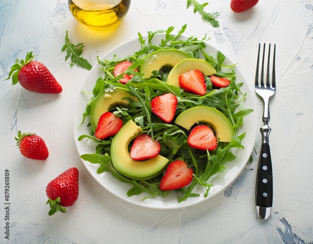 salad with fresh strawberry and avocado, arugula, walnuts, on white background. salad with fresh strawberry and avocado, arugula, walnuts, on white background.