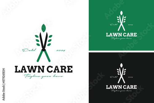 Vector of logo design scissors and leaves for lawn care