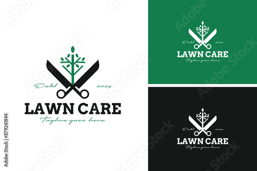 Vector of logo design scissors and leaves for lawn care