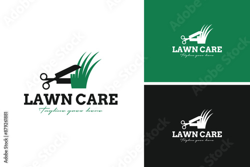 Scissors and leaves logo design for lawn care vector illustration template idea