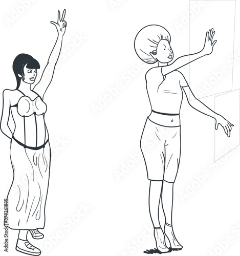 Two female characters in different dresses stand close to each other. One of the heroines manipulates virtual windows with her hands.