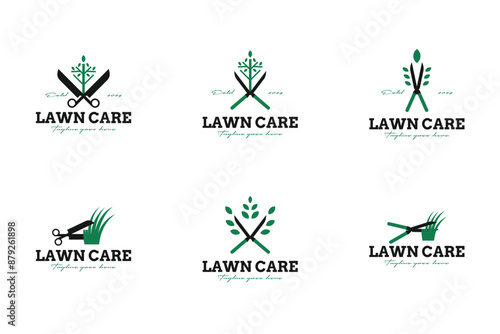 Set of scissors and leaves logo design for lawn care vector illustration template idea