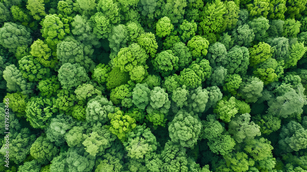 Top view of a young green forest in spring or summer 