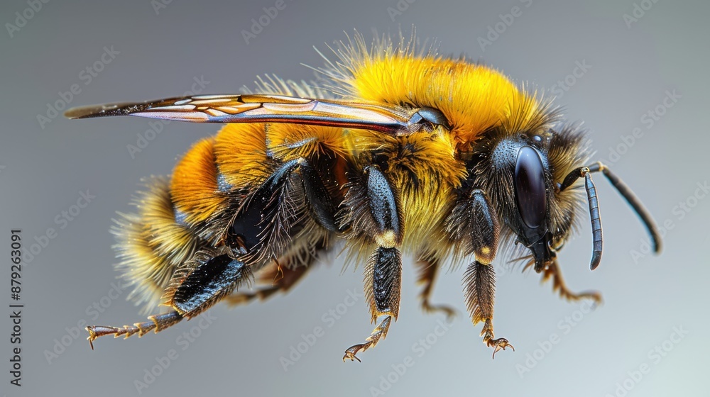 Close-up shot of a bee with detailed wings and furry body, depicting the intricate beauty of this small yet essential pollinator. Close-up shot of a bee with detailed wings and furry body, depicting the intricate beauty of this small yet essential pollinator.