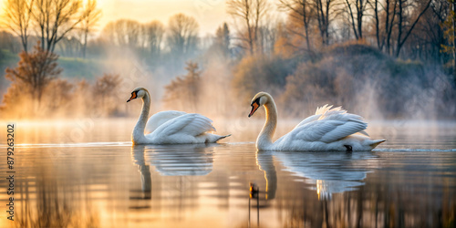 two, swans, on the river, lake, fog