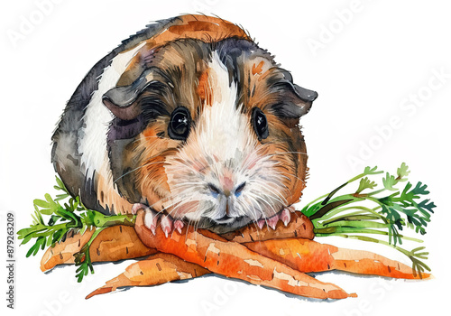 watercolor illustration of adorable spotted guinea pig with raw carrots isolated on white background photo