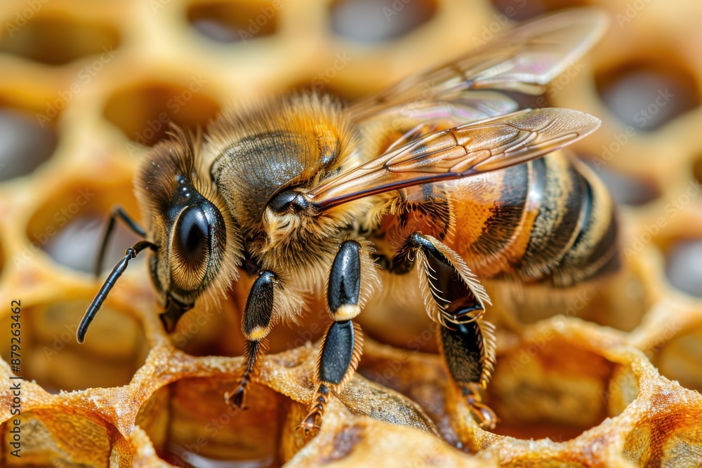 Close-up shot of a honeybee on honeycomb, showing intricate details of its body and wings. Perfect for nature and wildlife themes. Close-up shot of a honeybee on honeycomb, showing intricate details of its body and wings. Perfect for nature and wildlife themes.