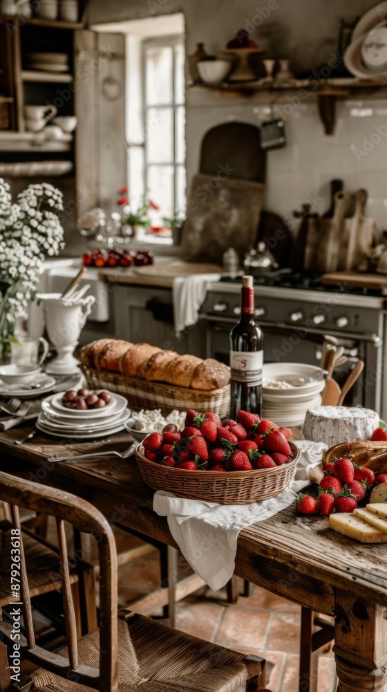 Ripe and juicy strawberries in a wicker basket stand on a wooden table, next to a bottle of red wine, cheese and crispy croissants Ripe and juicy strawberries in a wicker basket stand on a wooden table, next to a bottle of red wine, cheese and crispy croissants