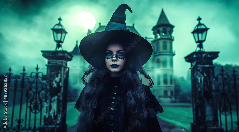 A dark and beautiful witch stands with an old castle in the background on Halloween night. The concept of mystery, enchantment, and the eerie atmosphere of Halloween. Generative AI. A dark and beautiful witch stands with an old castle in the background on Halloween night. The concept of mystery, enchantment, and the eerie atmosphere of Halloween. Generative AI.