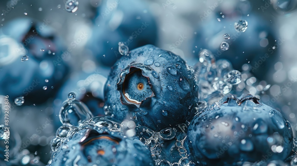 Close-up of blueberries in sparkling water Close-up of blueberries in sparkling water