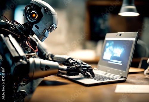 ia o androide portatil notebook en ordenador pc trabajando generado robot android idea work substitute people human computer