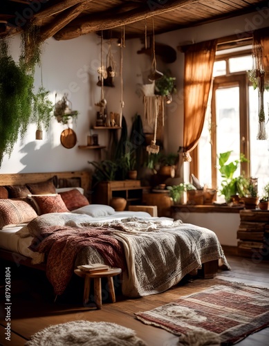 handmade textiles furniture bedchamber apartment many appartment decor double cozy brown nobody windows wooden decor boho plants design windows cosy bed large pillows  