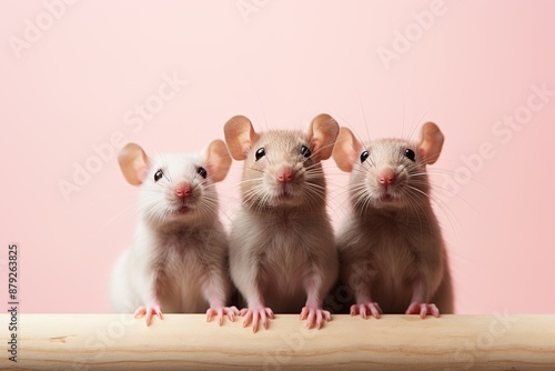 three adorable mice peeking out of wooden desk on pastel pink background