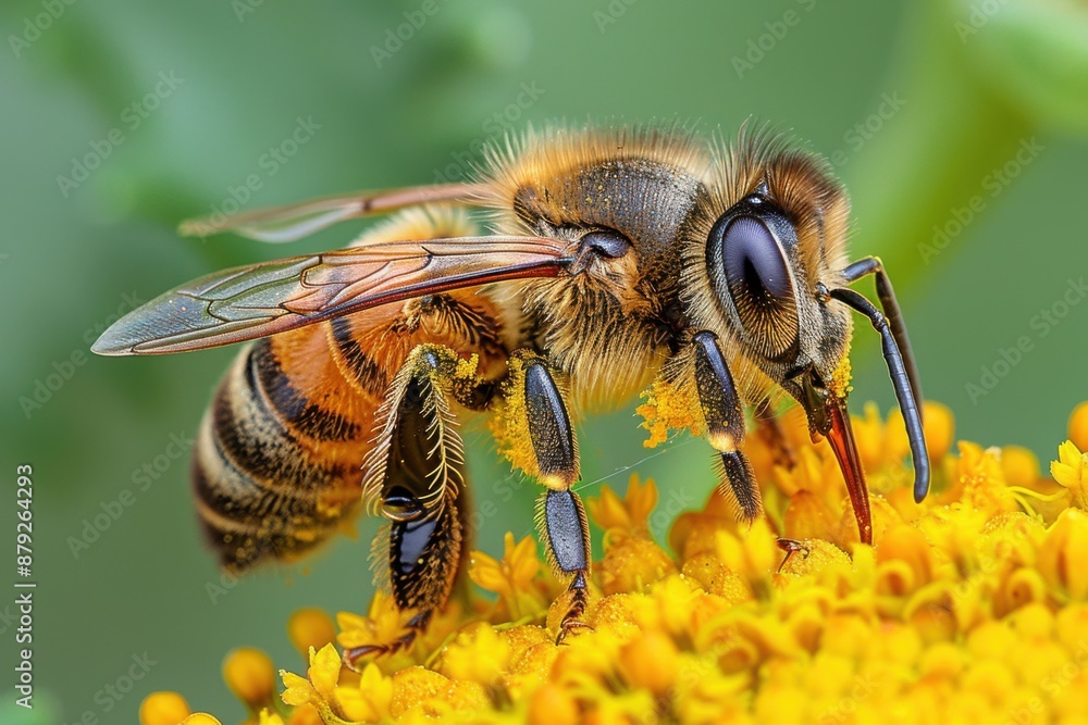Macro shot of a bee collecting nectar from a vibrant yellow flower, showcasing its intricate details and natural beauty. Macro shot of a bee collecting nectar from a vibrant yellow flower, showcasing its intricate details and natural beauty.