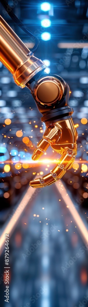 Golden robotic hand reaching out amidst a high-tech, futuristic background with glowing lights, symbolizing advanced technology and innovation. Golden robotic hand reaching out amidst a high-tech, futuristic background with glowing lights, symbolizing advanced technology and innovation.