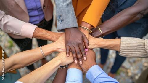 Unity and teamwork concept shown in a close up top view of business professionals putting their hands together.