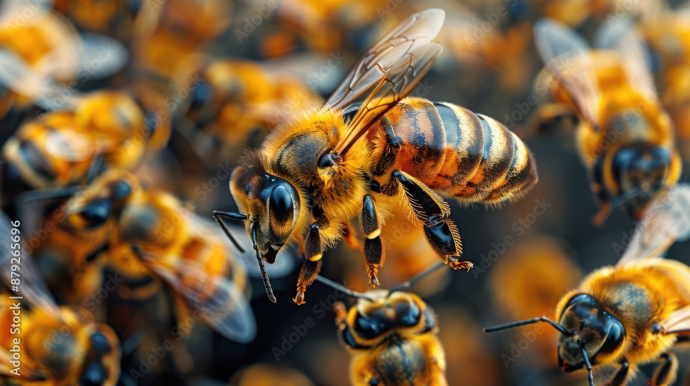 Close-up of a vibrant honeybee colony working together. The detailed focus reveals the intricate patterns and textures of the bees. Close-up of a vibrant honeybee colony working together. The detailed focus reveals the intricate patterns and textures of the bees.