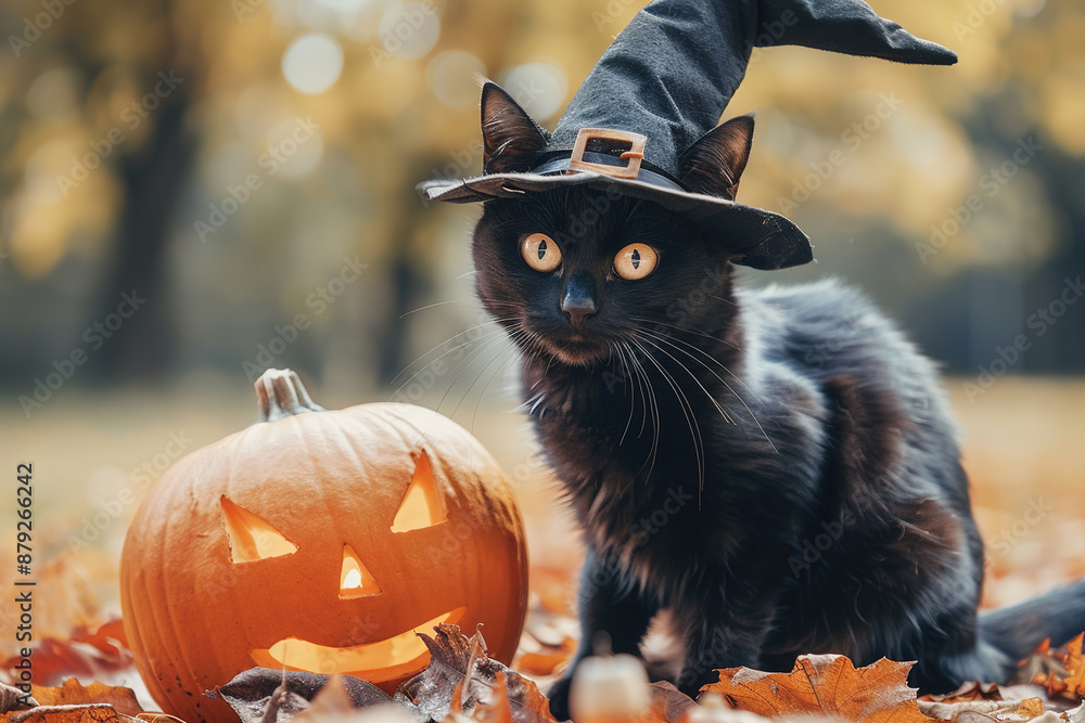 Naklejka premium adorable black cat in witch hat with halloween pumpkin in autumn park