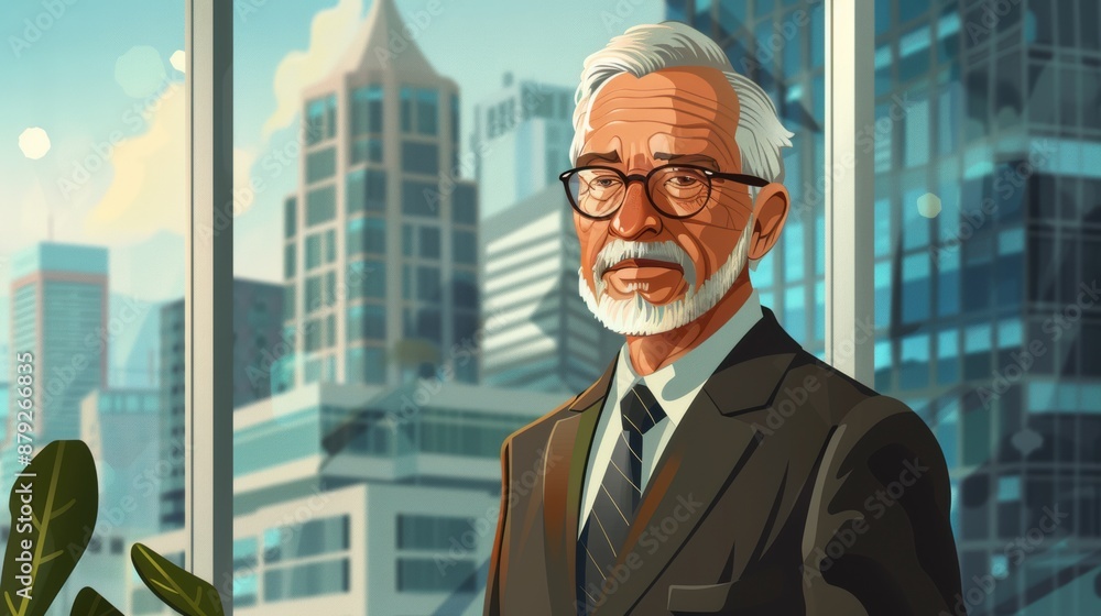 Fototapeta premium Proud portrait of older senior businessman isolated office building background