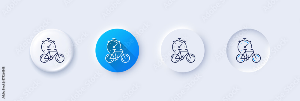 Bike timer line icon. Neumorphic, Blue gradient, 3d pin buttons. Delivery bicycle transport sign. Outdoor transportation symbol. Line icons. Neumorphic buttons with outline signs. Vector Bike timer line icon. Neumorphic, Blue gradient, 3d pin buttons. Delivery bicycle transport sign. Outdoor transportation symbol. Line icons. Neumorphic buttons with outline signs. Vector