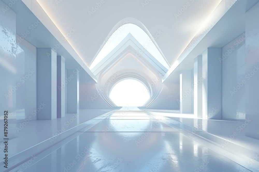 Fototapeta premium Futuristic white empty hallway with bright light in archway, modern architecture design. Concept of future, technology, and innovation.