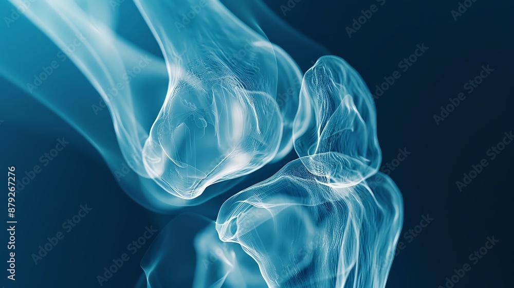 Obraz premium An Xray of a knee joint, highlighting the patella and ligaments, on a solid blue background