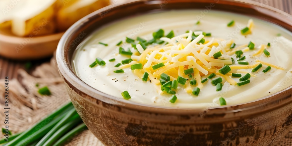 Creamy potato chives and cheese soup served in a rustic bowl. Concept Potato Chives Soup, Cheese, Creamy, Rustic Bowl Creamy potato chives and cheese soup served in a rustic bowl. Concept Potato Chives Soup, Cheese, Creamy, Rustic Bowl