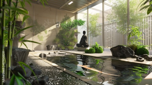 Render a calming spa atmosphere with a person meditating in a zen garden, complete with a koi pond and bamboo plants. 