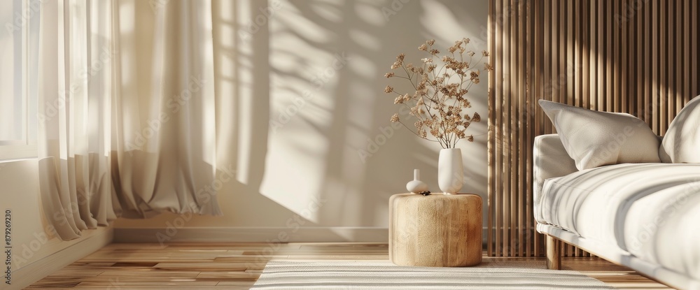 A modern living room interior in minimal style with a peaceful ambiance, featuring a wooden floor and creamy tones A modern living room interior in minimal style with a peaceful ambiance, featuring a wooden floor and creamy tones
