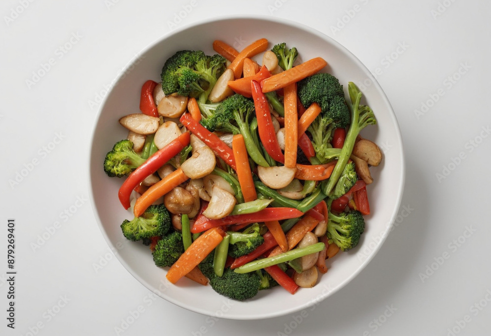 Stir-fried vegetables, minimalist shot, food photography, clean simple background, advertising shot, volumetric light, white background Stir-fried vegetables, minimalist shot, food photography, clean simple background, advertising shot, volumetric light, white background