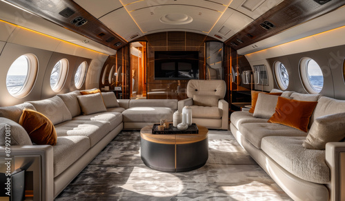 A large living room with a lot of furniture and a large window. The room is very spacious and has a luxurious feel to it