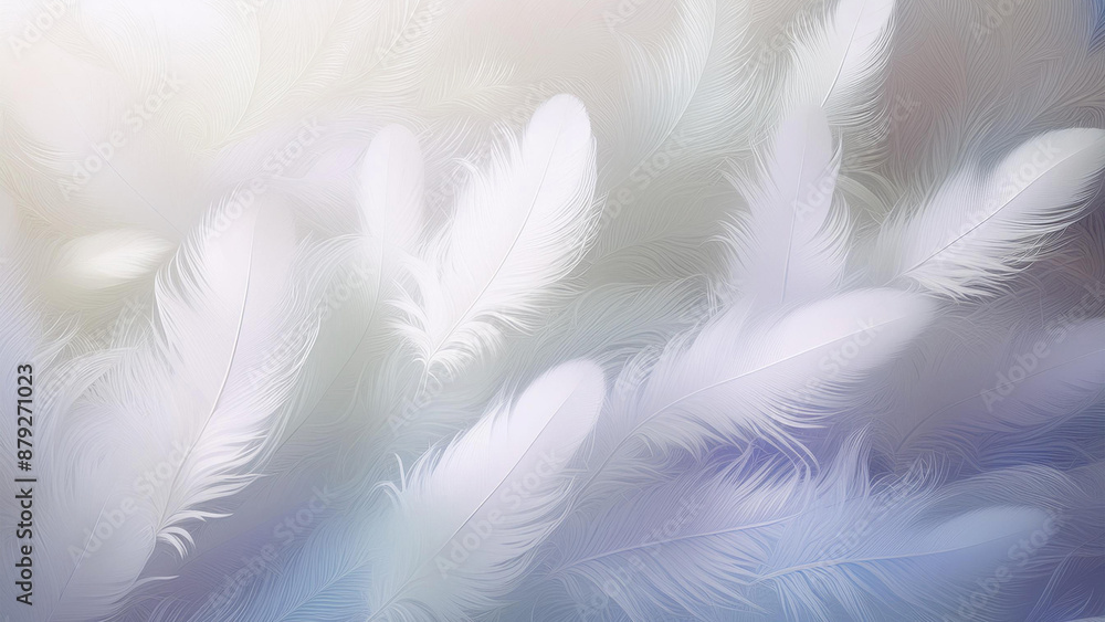 Obraz premium 白い羽（生成AI、generated by AI）背景はブルー、パステルカラーの背景 