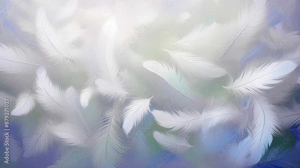Obraz premium 白い羽(生成AI、generated by AI)背景はブルー、パステルカラーの背景